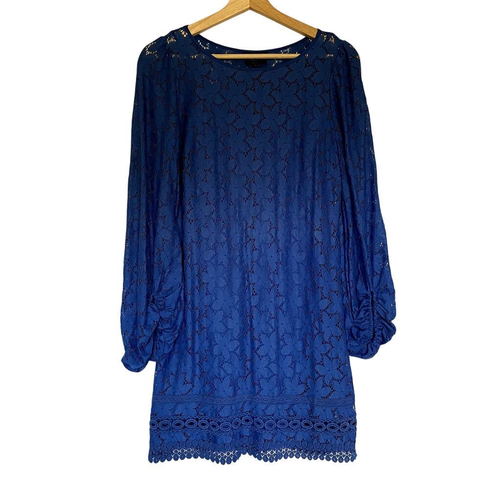 Laundry by Shelli Segal blue lace overlay floral‎ long sleeved dress women's 6